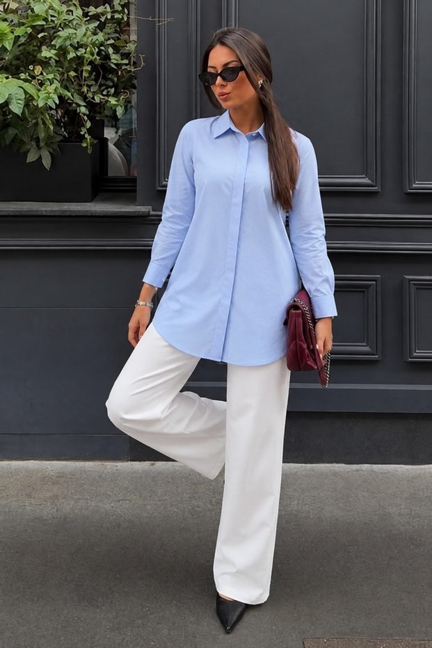 Women's Oversize Long Sleeve Basic Baby Blue Shirt