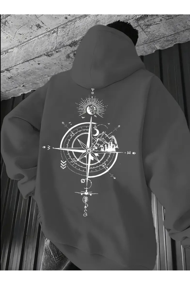 Special Series Large Size Hooded Pocketless Compass Direction Back Printed 100% Cotton Oversize Men's Sweatshirt