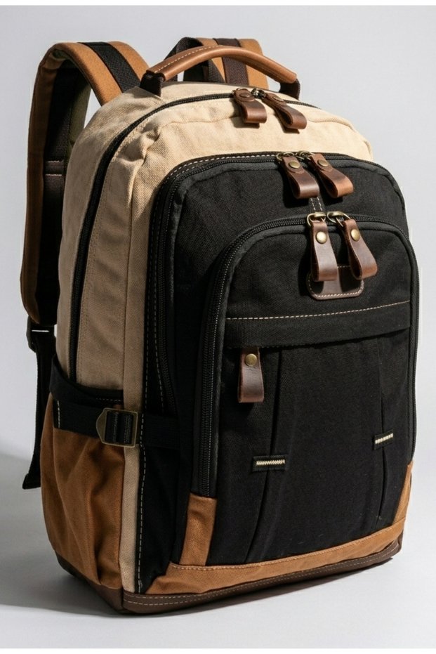 Cream Black Vintage Backpack, 15.6 Inch Computer Compartment, Large Volume Genuine Leather Detailed Cotton School and Travel Bag