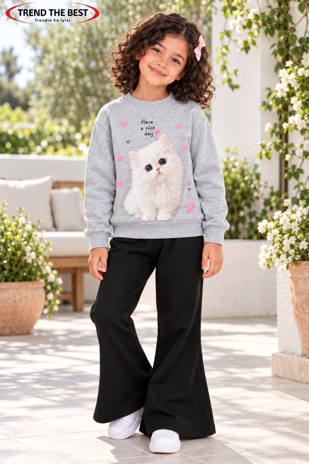 Winter, Spring, and Autumn Girls' Black Spanish Flared Bottoms and Gray Sweat Top