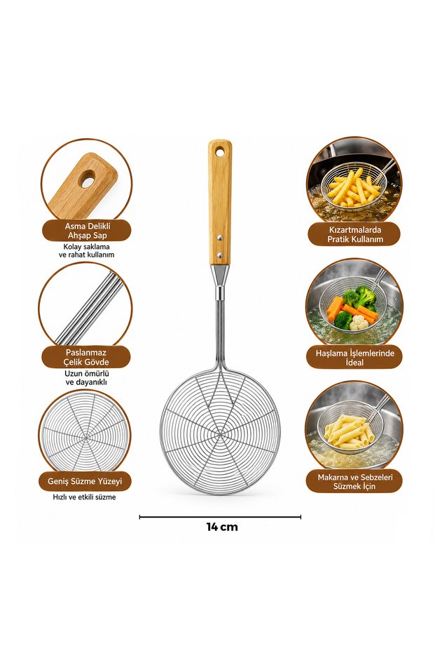 Deep Steel Colander with Bamboo Wooden Handle 13-14 cm Pack of 12
