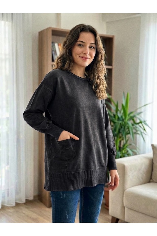 Women's Round Neck Oversize Loose 100% Cotton Sweater Tunic with Pocket and Vintage Fraying Detail