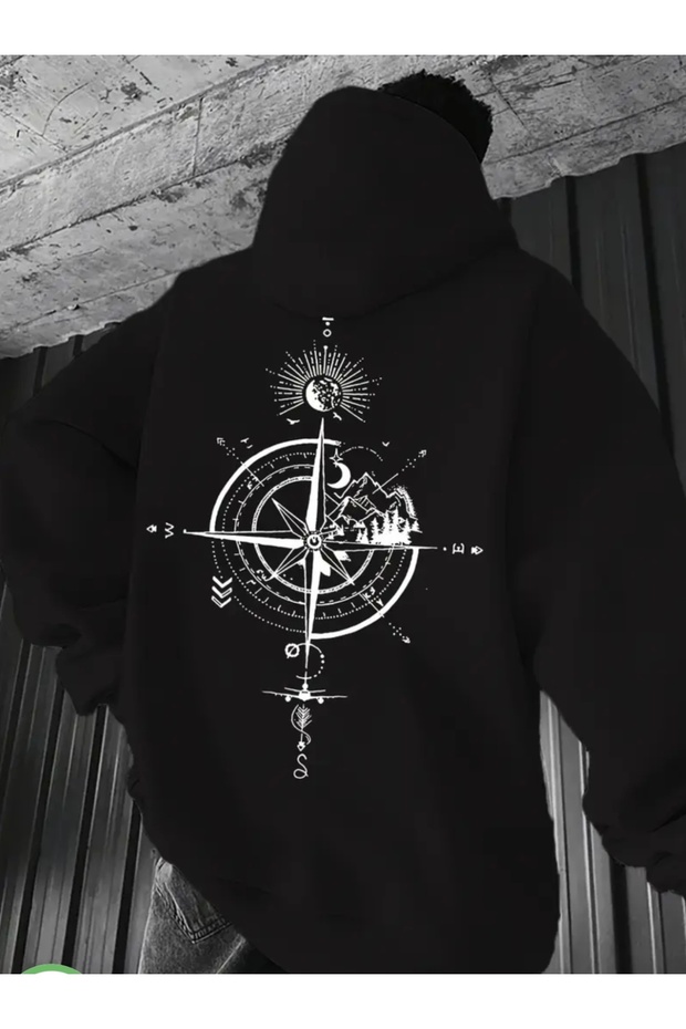 Special Series Large Size Hooded Pocketless Compass Direction Back Printed 100% Cotton Oversize Men's Sweatshirt