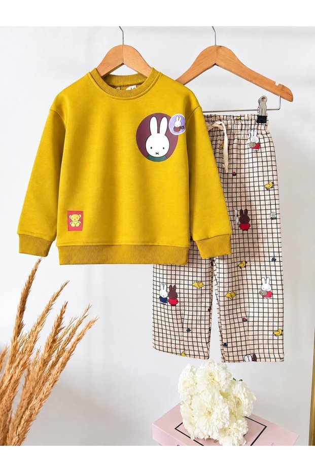 Girls' 3-Ply Cotton Sweatshirt with Checked Pattern Pants, Top and Bottom Set, Ages 2-8