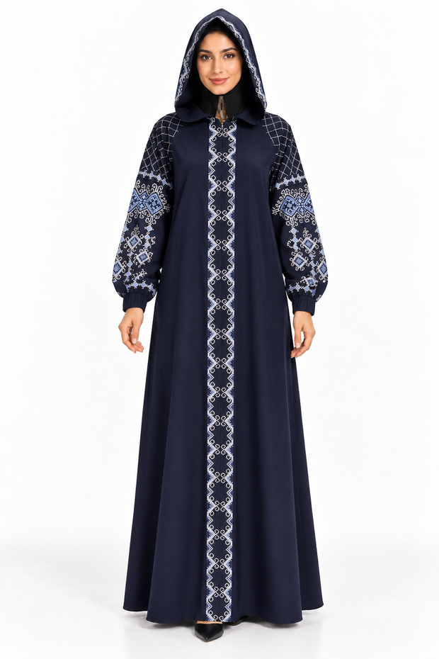 Abaya with Hat and Geometric Embroidery |   Hooded Geometric Embroidered Abaya