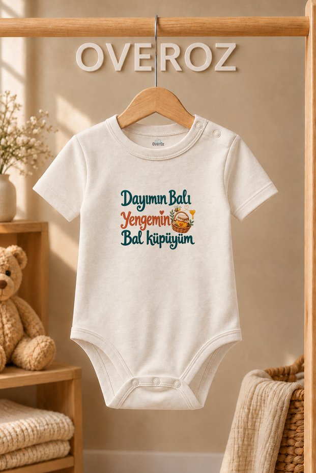 Dayı Yenge Written Baby Bodysuit Honey Basket Printed Ecru Short Sleeve Body 6119