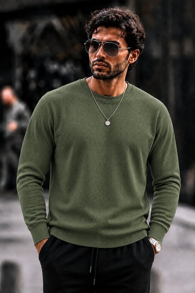 Men's Crew Neck Plain Pattern Ribbed Knitwear Green Sweater