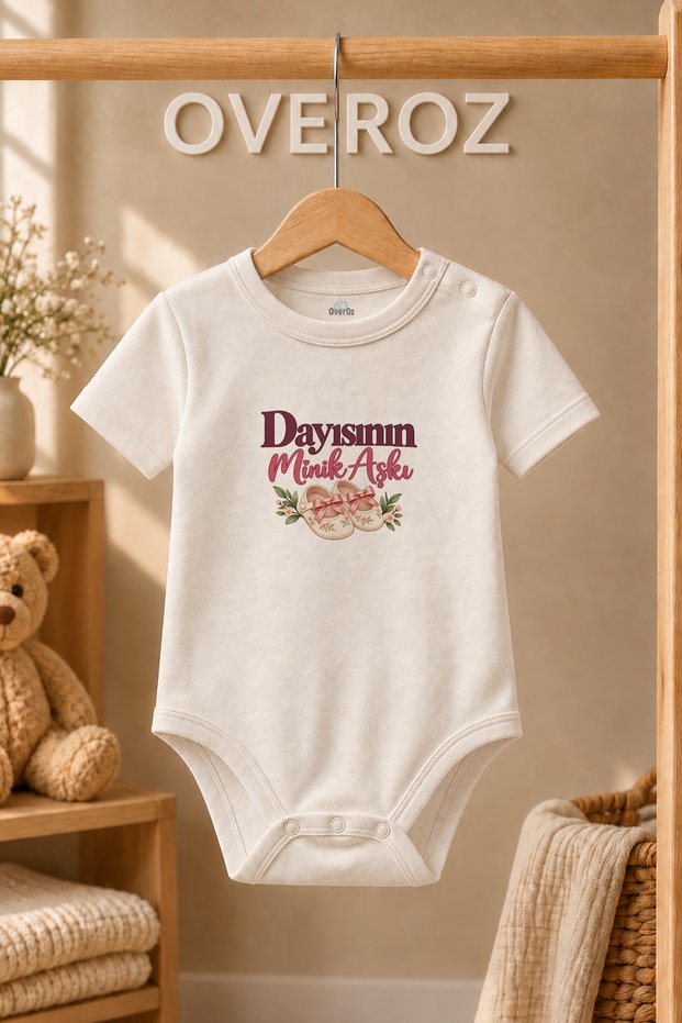Dayı Written Baby Bodysuit Floral Booties Printed Ecru Short Sleeve Body 6121