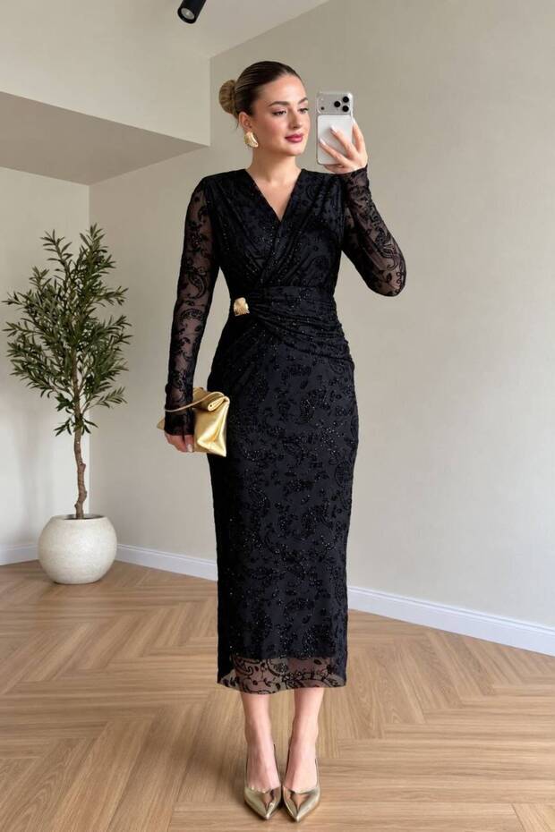 Kadı Black V-Neck Lined Flocked Tulle Midi Length Evening Dress Graduation Dress