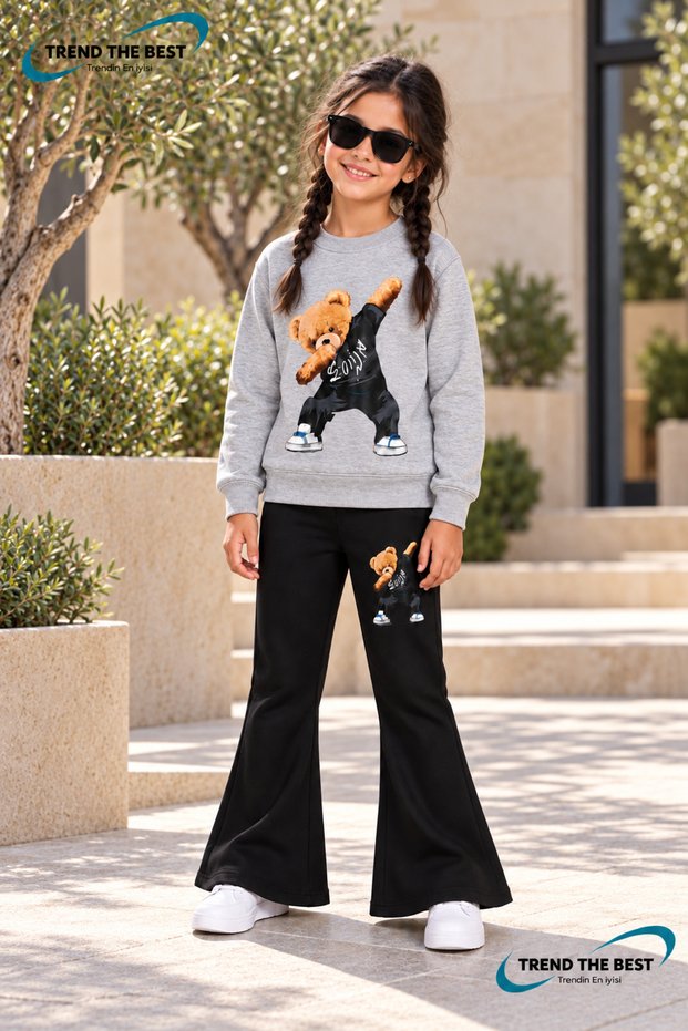 Winter, Spring, and Autumn Girls' Black Spanish Flared Bottoms and Gray Sweat Top