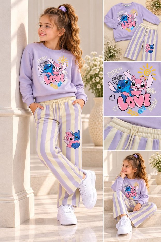 Girls' 3-Strand Cotton Printed Sweatshirt and Pants Set 3-10 Years