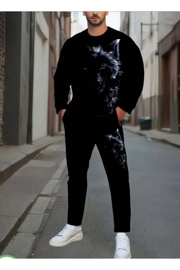 Special Series Black Wolf Printed 100% Cotton 3 Yarn Straight Leg Outdoor Large Size Men's Winter Track Suit