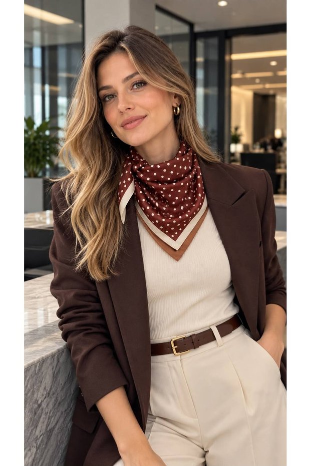 Coffee Polka Dot Patterned Cotton Women's Scarf 70X70 cm