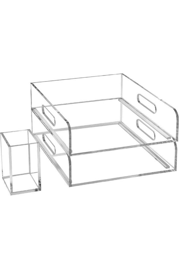 TPGP Toowood Minimalist Clear Acrylic 2 Tier Letter File Tray and Pen Holder Set