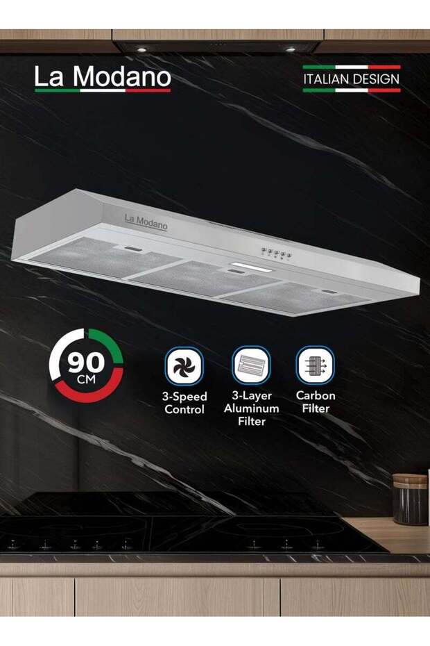 LA MODANO Slim Stainless Steel 90cm Built-In Kitchen Hood with 3-Speed Control, LED Lighting, and