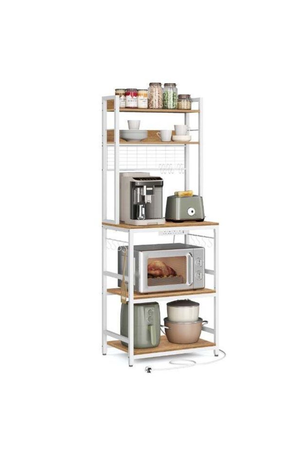 Kitchen Storage Rack with Power Outlet, Coffee Bar, Baker's Rack, with Metal Wire Panel, 14