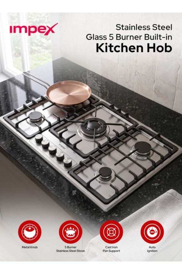 Impex 5-Burner Built-in Gas Hob | High Heat Output | Heavy Cast Iron Pan Support | Stainless Steel