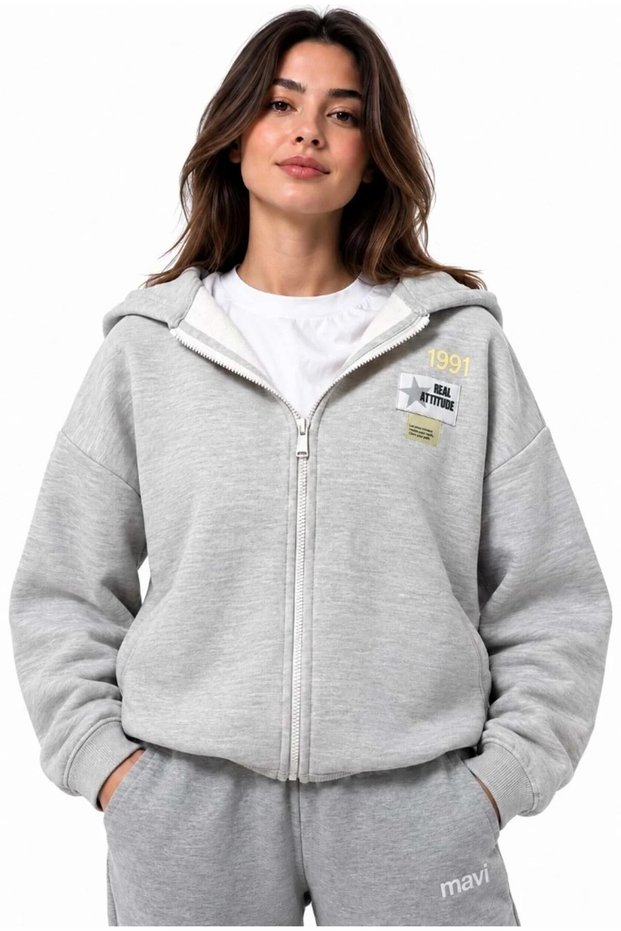 Women's Gray Patterned Sweatshirt Mid Gray Melange Sweatshirt