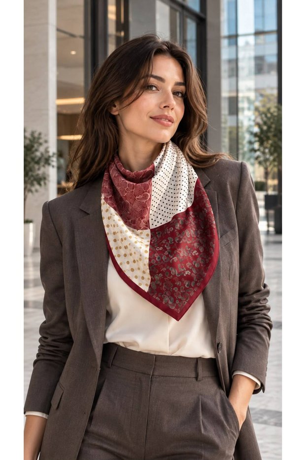 Burgundy Patchwork Shawl Patterned Cotton Women's Scarf 70X70 cm