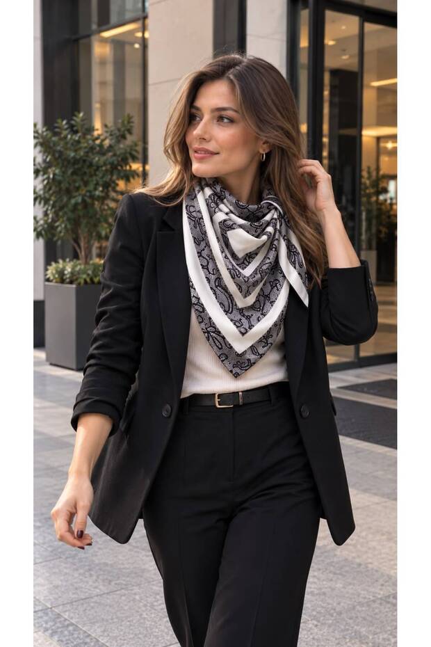Ecru Frame Patterned Cotton Women's Scarf 70X70 cm