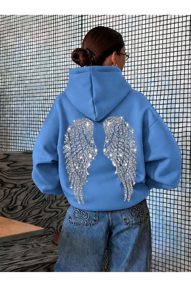 Women's Oversize Hooded Sweatshirt with Stone Back and Wing Print, 3 Thread Raster Printing