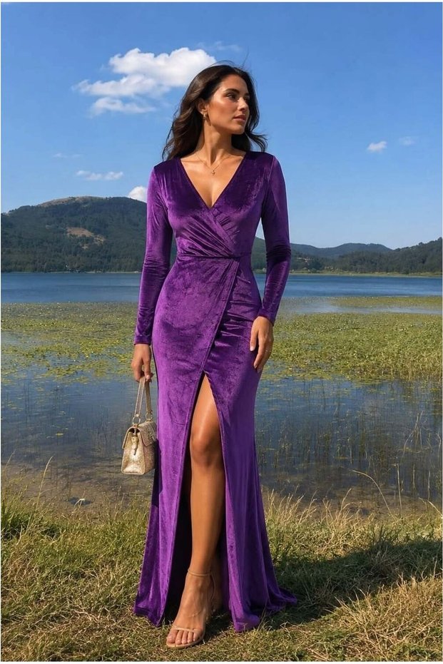Velvet Slit Dress, Evening Gown, V-Neck Fabric · Color: Purple · Size: M BX