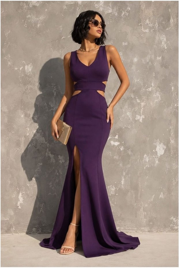 V-Slit Maxi Evening Dress with Collar and Straps · Color: Purple · Size: L BX