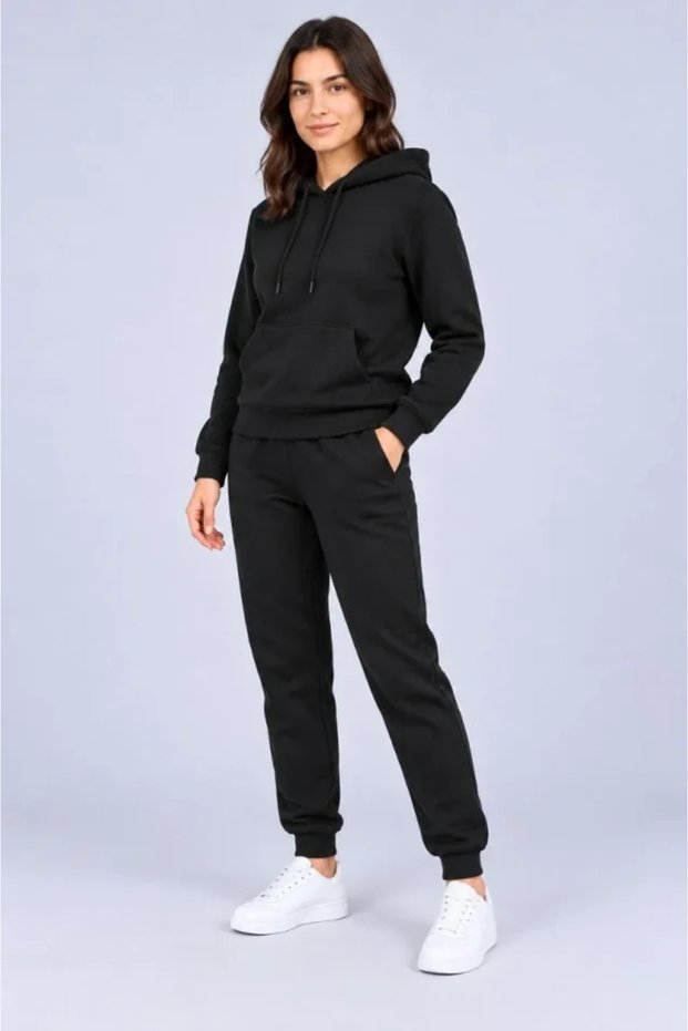 Three-Threaded Hooded Kangaroo Pocket Jogger Tracksuit Set - Black
