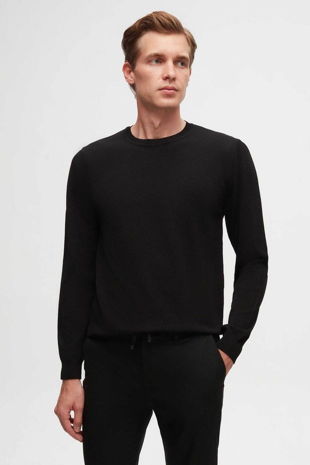 Slim Fit Black Plain Knit Sweater