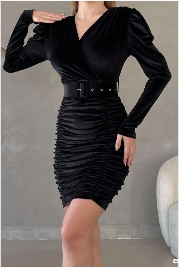Velvet Evening Dress with Elastic Waistband, V-Neck · Color: Black · Size: L BX