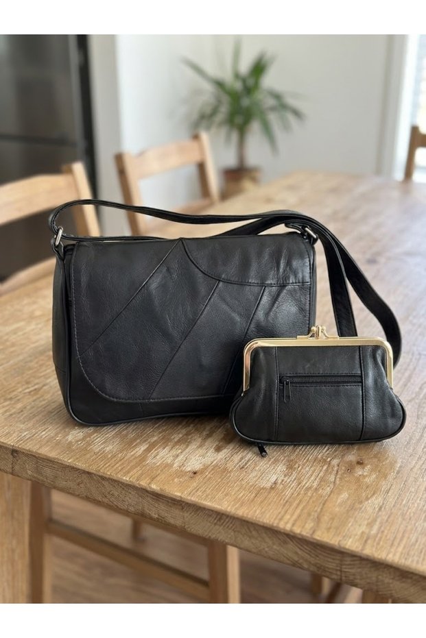 Genuine Leather Women's Shoulder Bag and Genuine Leather Clip Wallet Set