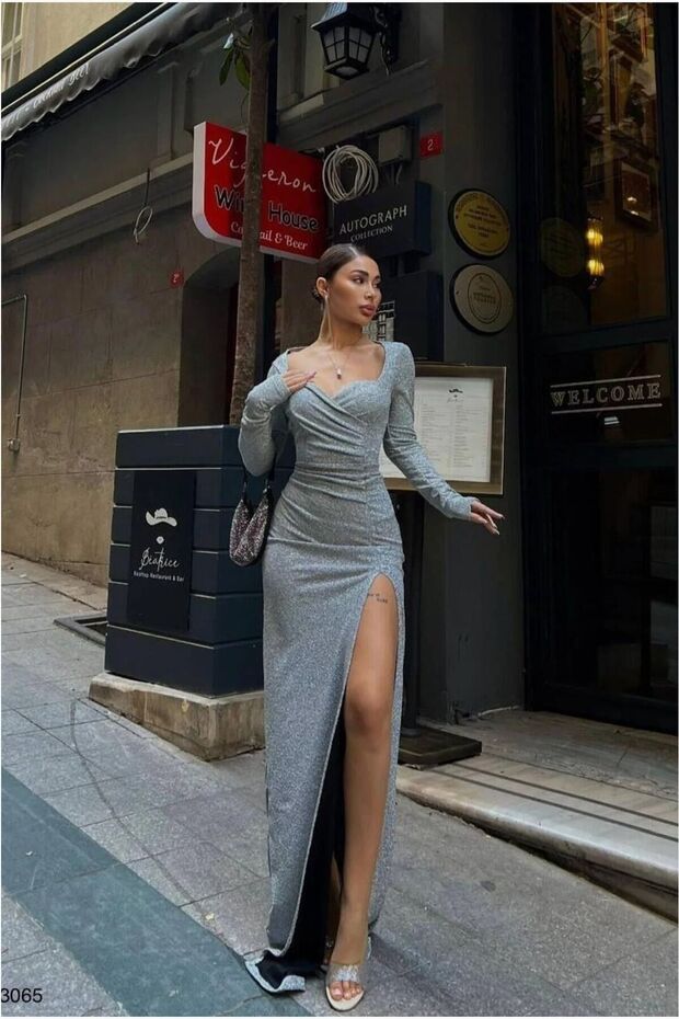 Long Evening Gown with Collar and Slit Sleeves · Color: Gray · Size: M BX
