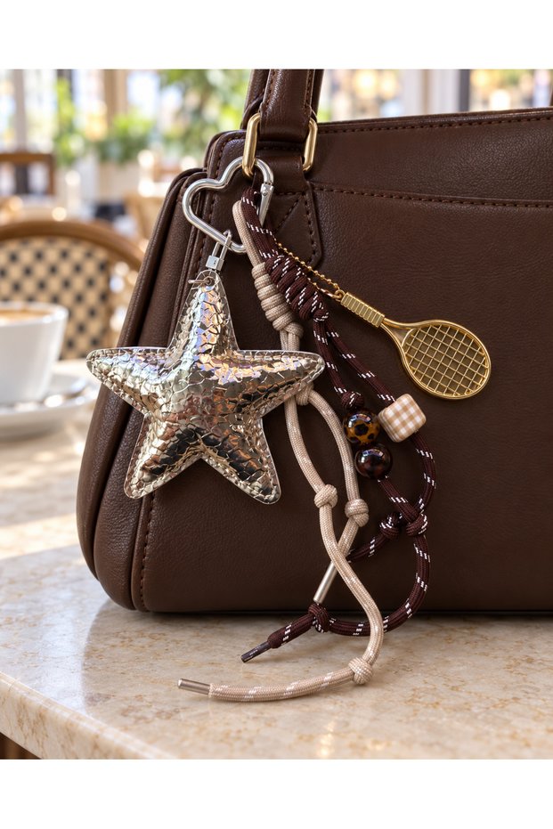 Bag Charm Keychain Metallic Star Gold Tennis Racket Leopard Beaded String Bag Accessory