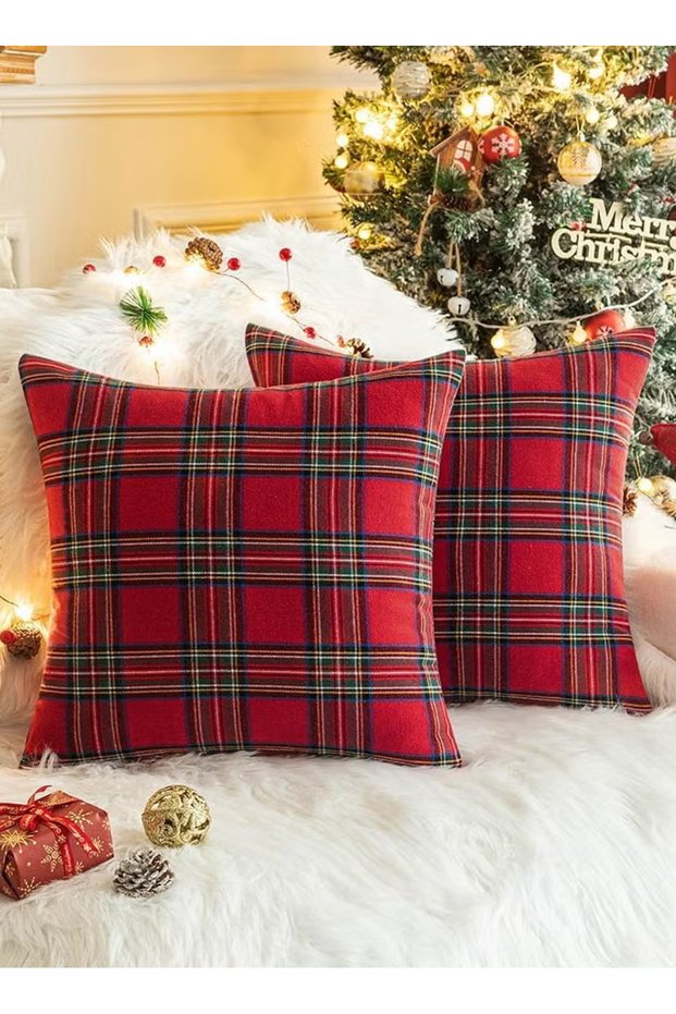 Christmas Throw Pillow Covers Set of 2 Christmas Pillowcase Scottish Tartan Cushion Case for Farmhouse Home Winter Holiday Plaid Decorative Pillowcases Red and Green 18 x 18Inches (Large Grid)