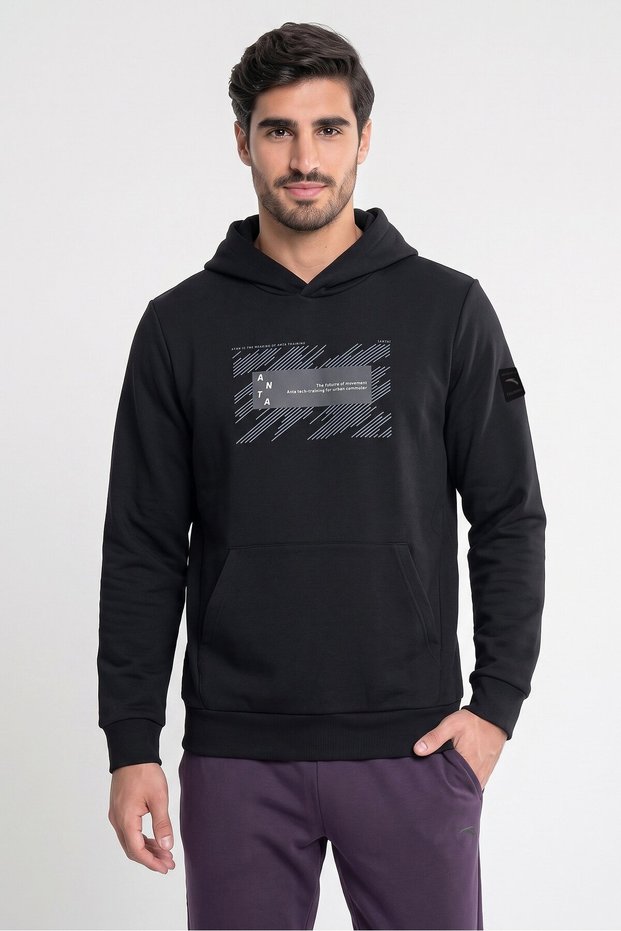 Men Sportswear Fit Long Sleeve Outdoor Hooded Sweatshirt, Black