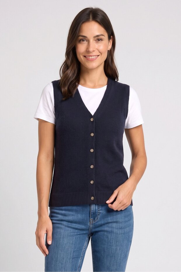 Women V-Neck Sleeveless Knitted Cardigan, Midnight Navy