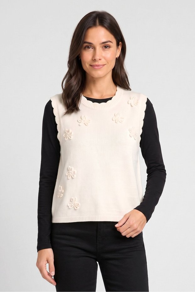 Women Crew Neck Sleeveless Embroidered Vest Sweater, Cream