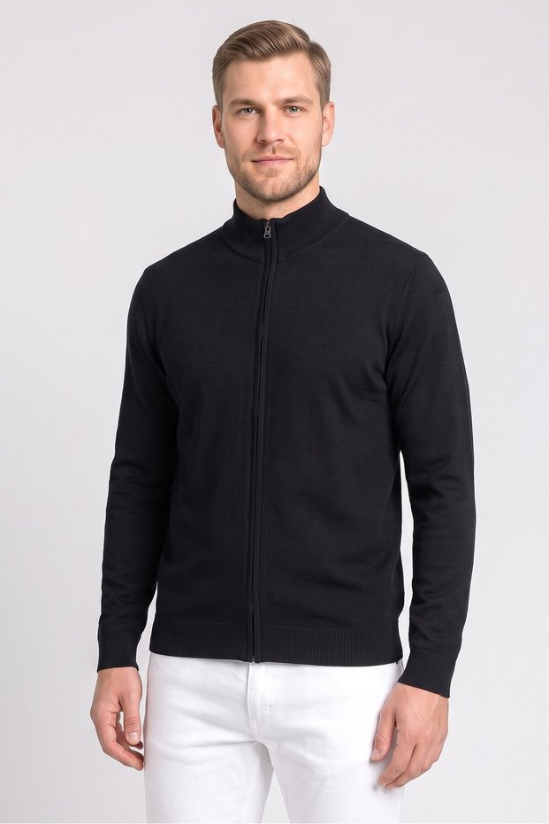 Men High Neck Long Sleeve Knitted Full Zip Sweater, Navy