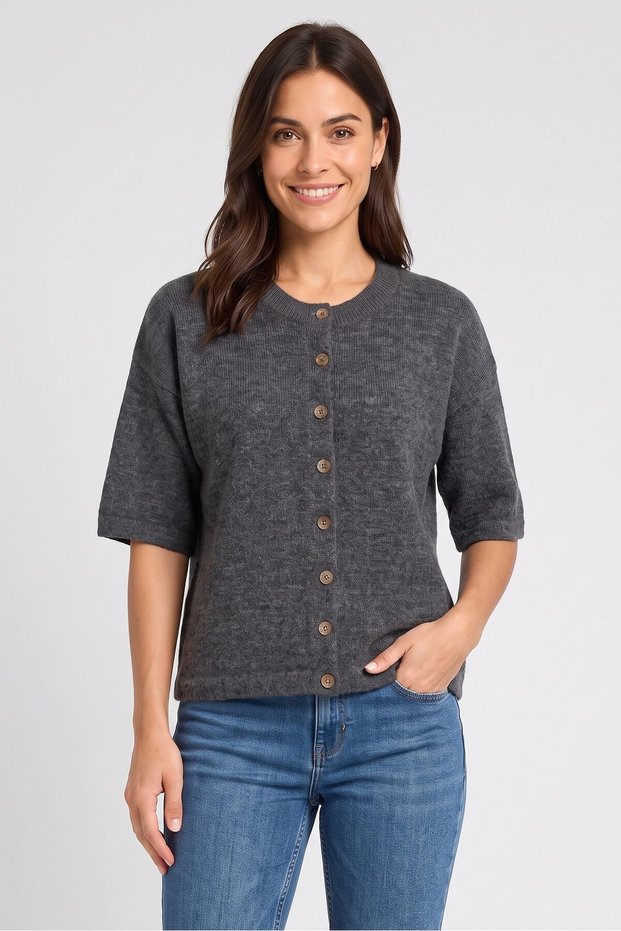 Women Loose Fit Ribbed Neck Knitted Cardigan, Grey