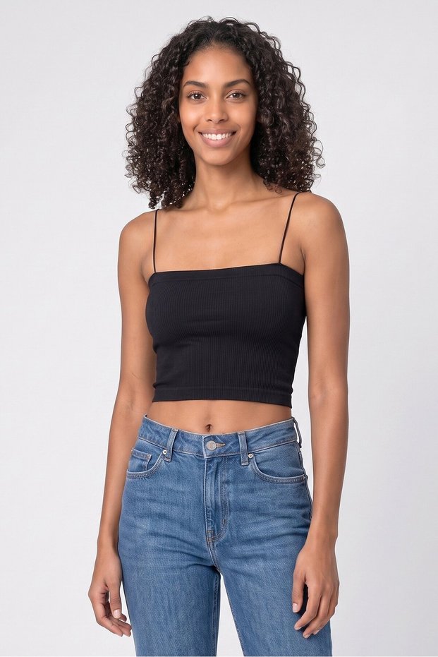 Women Square Neck Sleeveless Ribbed Tank Top, Black