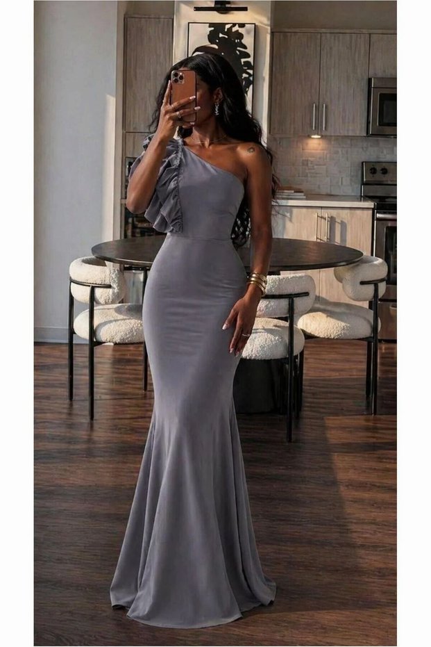 One-Piece Evening Gown with One-Shoulder Ruffled Silhouette and Mermaid Silhouette · Color: Powder · Size: M BX