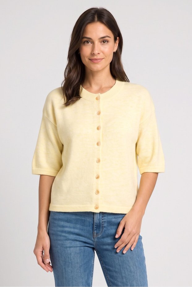 Women Crew Neck Short Sleeve Knitted Cardigan, Yellow