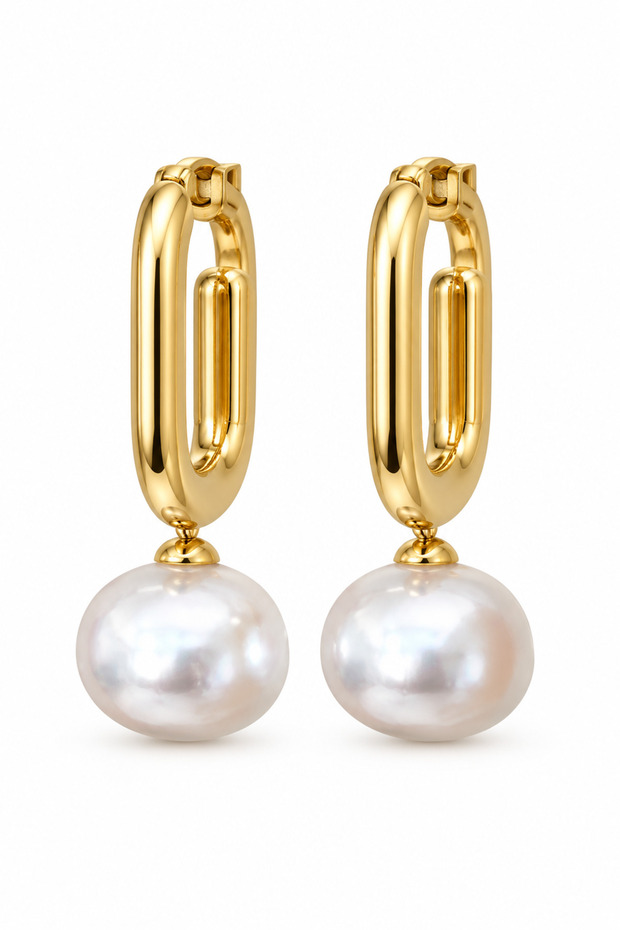 Gold Color Rectangular Ring Pearl Detailed Steel Women's Earrings