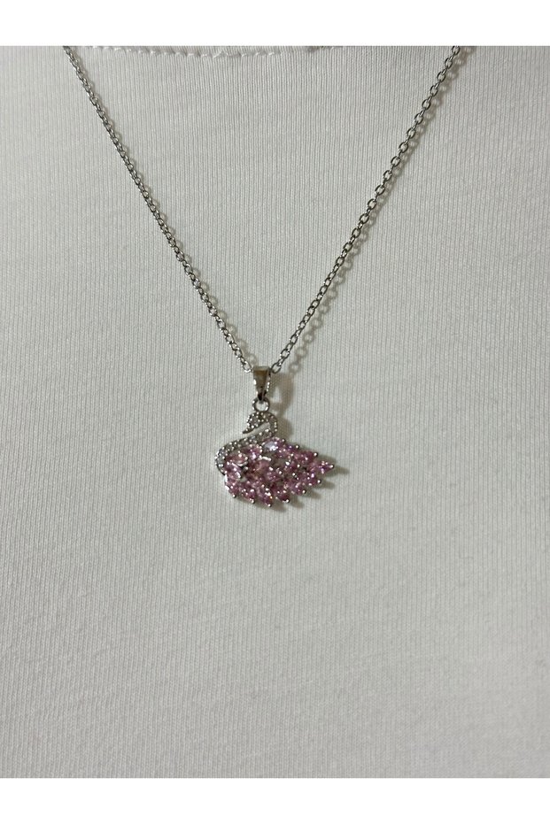 Silver Color Pink Swan Steel Necklace