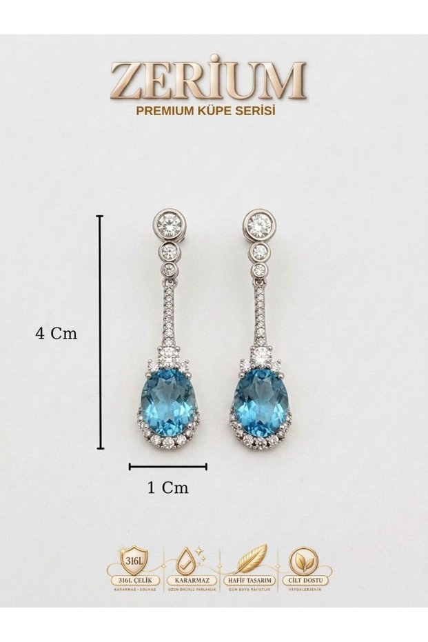 Women's Earrings Blue Oval Stone Zircon Detailed Dangle Model