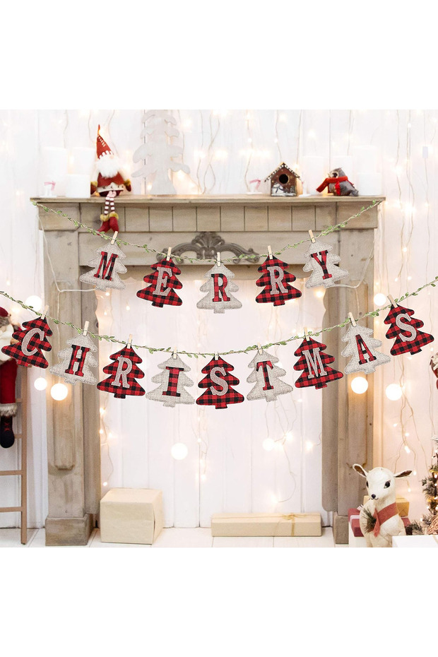 Merry Christmas Banners, Pine Shaped Christmas Burlap Banners,Christmas Banners Flags Outdoor Indoor Vintage Hanging Decorations, for Christmas Party Wall Tree and Fireplace