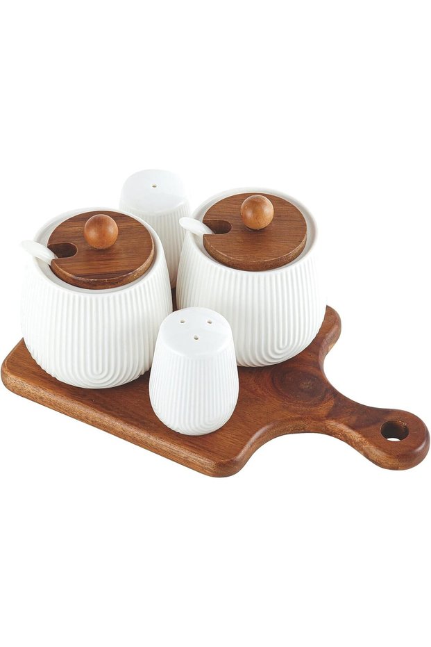 Acacia Wood Porcelain 4 Pieces Condiment Set, White & Brown