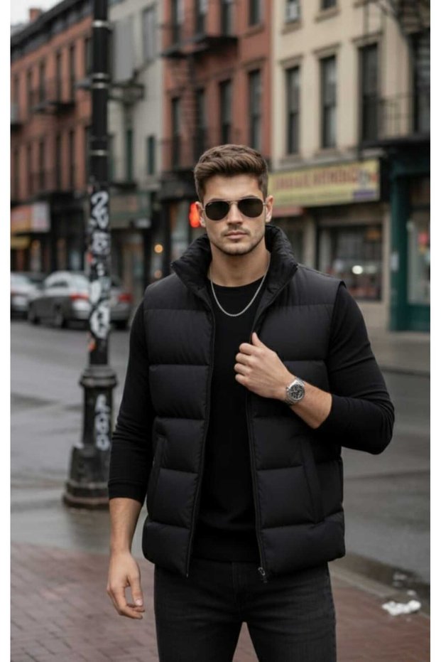 Men's Black Puffer Vest | Regular Fit, Mock Neck , Zippered, Lined, Water and Windproof