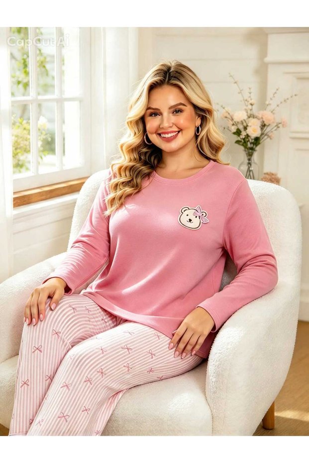 Plus Size Pink Color Bow Pattern Stylish Comfortable Fabric Women's Pajama Set (2Xl-3Xl-4Xl Sizes)