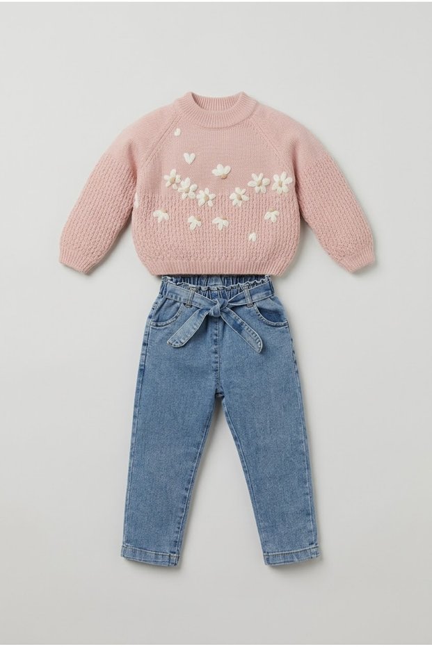 Girl's Floral Appliqué Knit Sweater and Bow-Tie Jean Pants Set